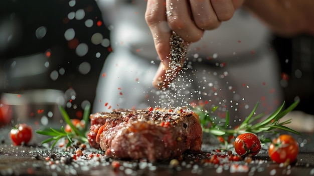 Photo chef seasoning a steak with salt and pepper