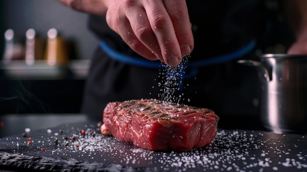 Photo the chef seasoning steak