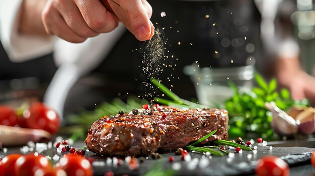 Photo a chef seasons a cooked steak with salt and pepper