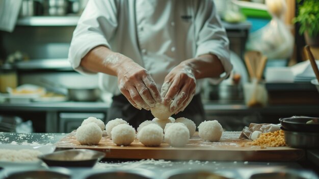 Chef shaping rice balls on a wooden surface