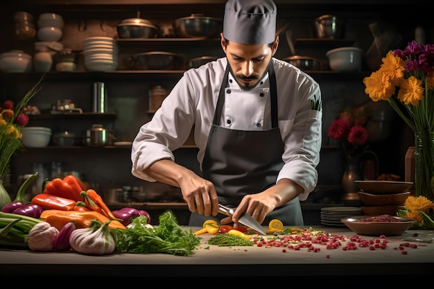 A chef skillfully chopping vegetables in a bustling kitchen showcasing the artistry and passion