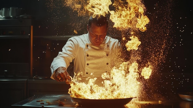 Photo chef skillfully tosses ingredients in a flaming pan in a bustling kitchen during dinner service