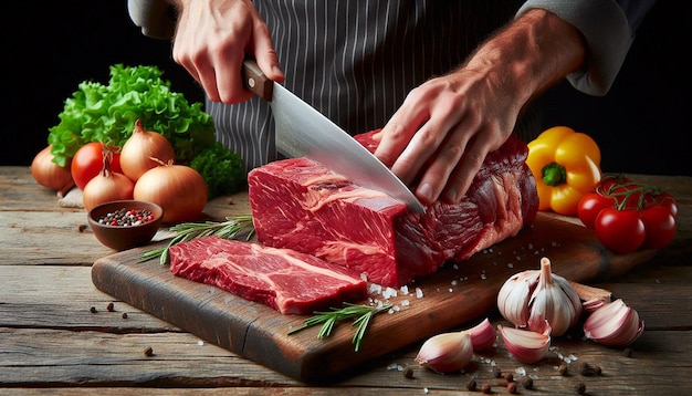 Chef Slicing Raw Beef on Wooden Cutting Board With Knife