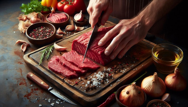 Chef Slicing Raw Beef on Wooden Cutting Board With Knife