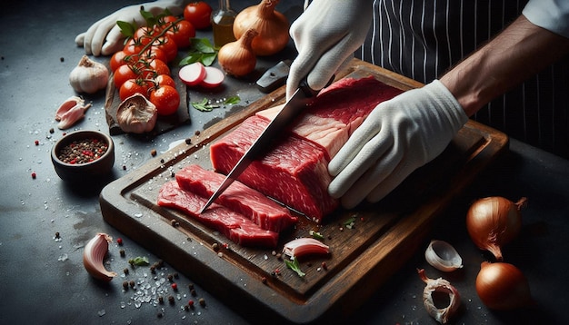 Chef Slicing Raw Beef on Wooden Cutting Board With Knife