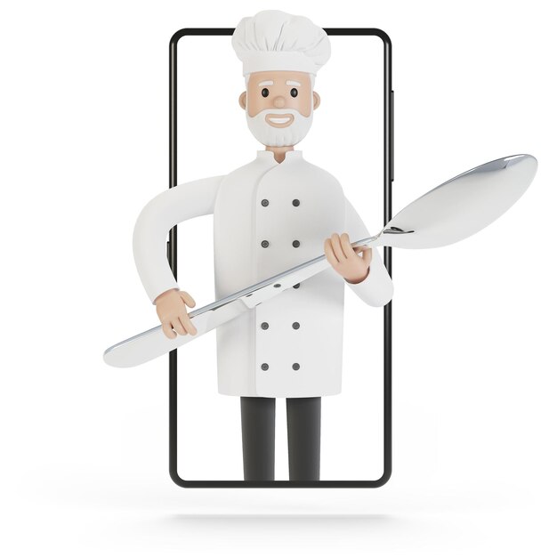 Chef at the smartphone screen Online cooking courses proper cooking Delivery from the restaurant 3D illustration in cartoon style