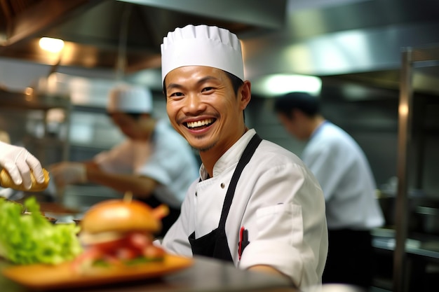 A chef smiling at the camera with a plate of food on it.