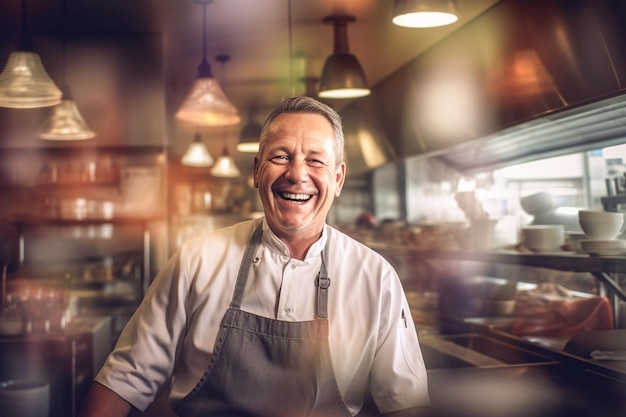 A chef smiling in a restaurant