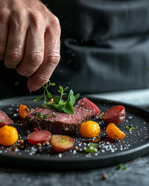 Photo chef sprinkles fresh herbs on gourmet steak dish closeup of hand adding finishing touches to a plated meal elegant culinary scene with vibrant vegetables and tender beef meant for food photography ai