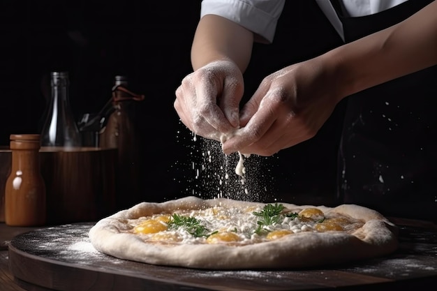 Chef sprinkling flour on pizza on black background In a closeup view the hands of a chef skillfully assemble a delicious