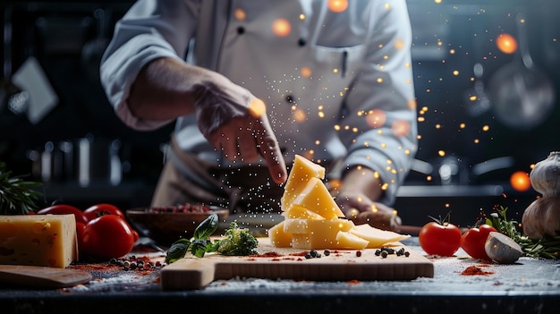 Chef Sprinkling Gourmet Cheese on Cutting Board