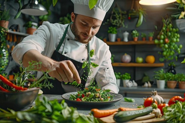 Chef Sprinkling Herbs in Organic Kitchen