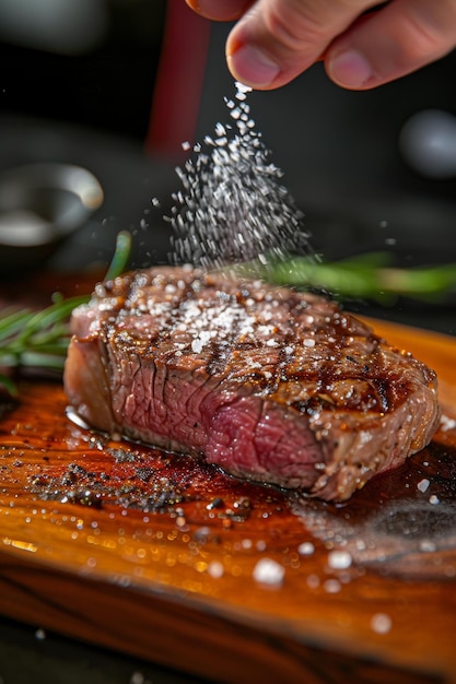 A chef sprinkling salt onto a perfectly cooked medium rare steak