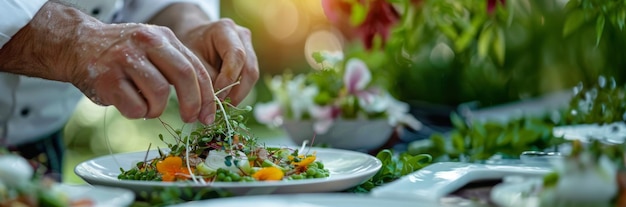 Chef Sprinkling Vegetables on Plate