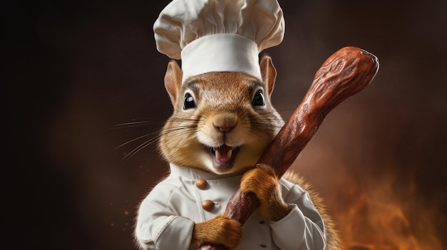 A chef squirrel with a chefs hat and rolling pin