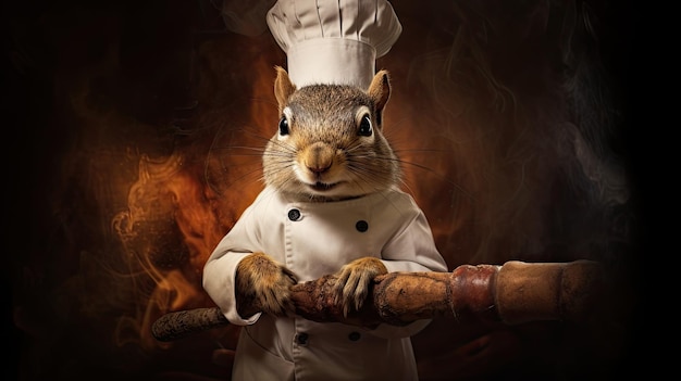 A chef squirrel with a chefs hat and rolling pin