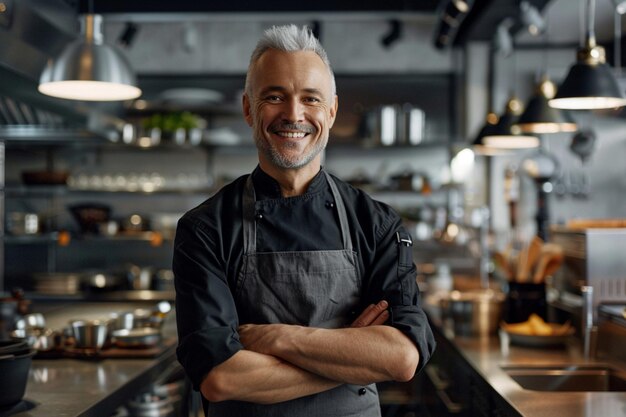 Photo chef standing in a kitchen with his arms crossed