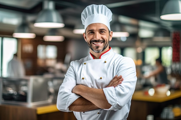 A chef standing in a kitchen with his arms crossed.