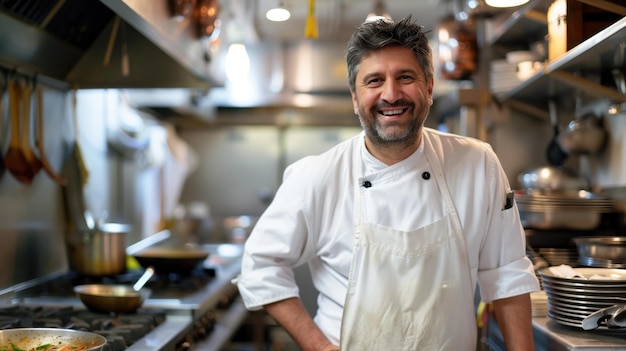 a chef standing in a kitchen with a large cooking area behind him