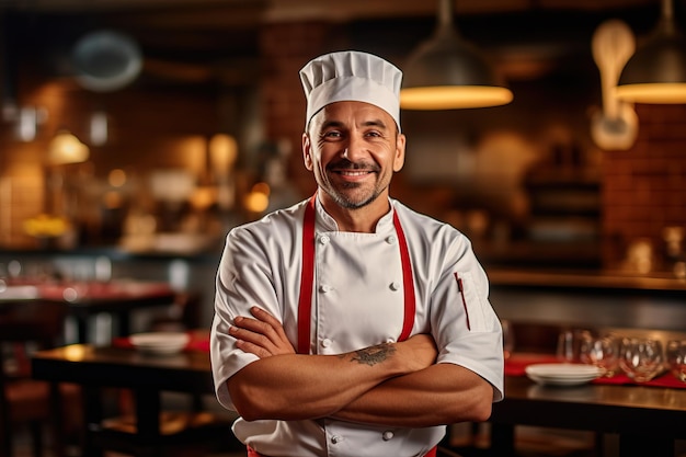 A chef standing in a restaurant with his arms crossed