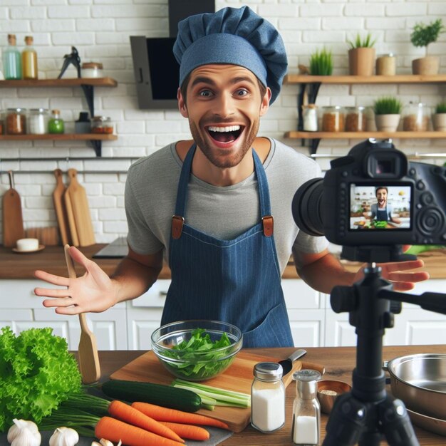 Photo a chef stands in front of a camera and shows a cameraman with a knife and a pan of vegetables