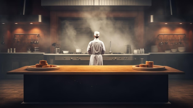 A chef stands in front of a large kitchen with smoke coming out of the window.