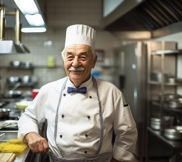 A chef stands in a kitchen with a yellow sponge.