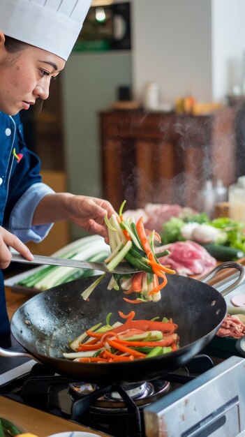 Photo chef stir fry cooking