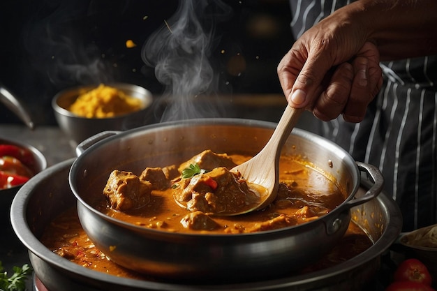 Photo chef stirring bubbling curry in pot