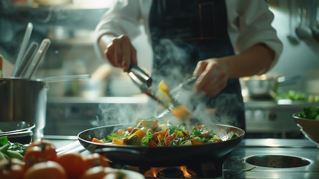 Chef stirring vegetables in a hot pan with tongs