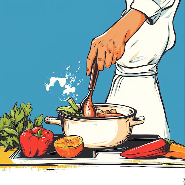 Photo a chef stirs a pot of soup with a wooden spoon surrounded by fresh vegetables