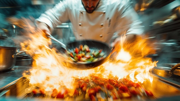 Chef tosses vegetables in a flaming wok creating a dramatic display of culinary skill