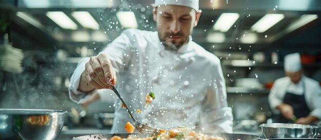 Photo chef tossing food in a busy kitchen