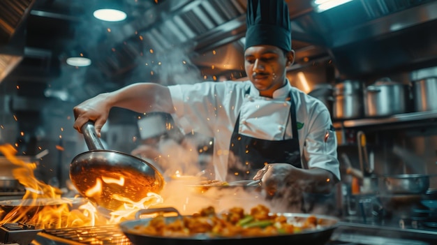 Chef Tossing Food in a Pan Over an Open Flame in a Restaurant Kitchen