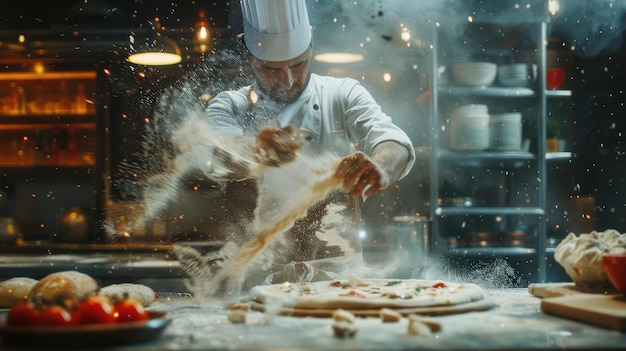 Photo a chef tossing pizza dough in the air with flour flying