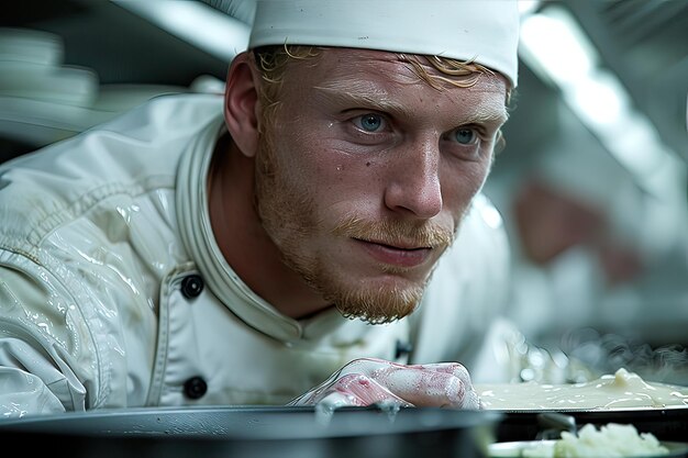 Photo a chef in uniform gazes at something with a focused face