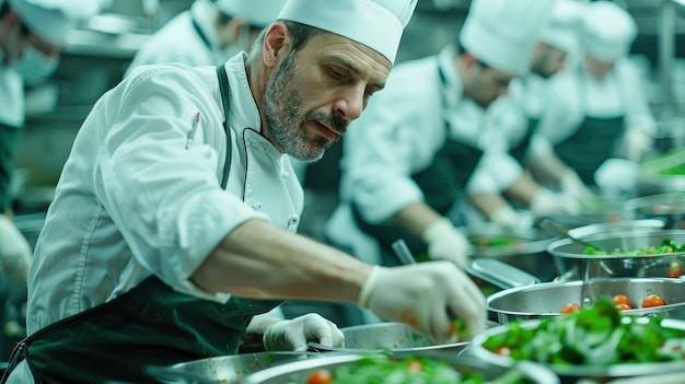 Photo chef in uniform preparing a dish for dinner service hd background