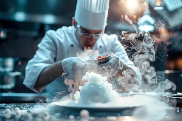 Photo the chef uses liquid nitrogen in the cooking process