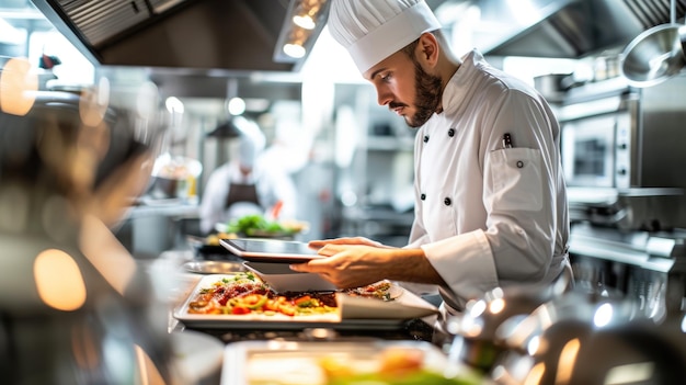 Chef using tablet or innovation technology while cooking form recipe aig