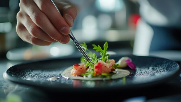 Chef using tweezers to place the final garnish