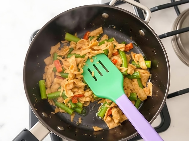 Photo chef using vibrant silicone kitchen tools for gourmet meal