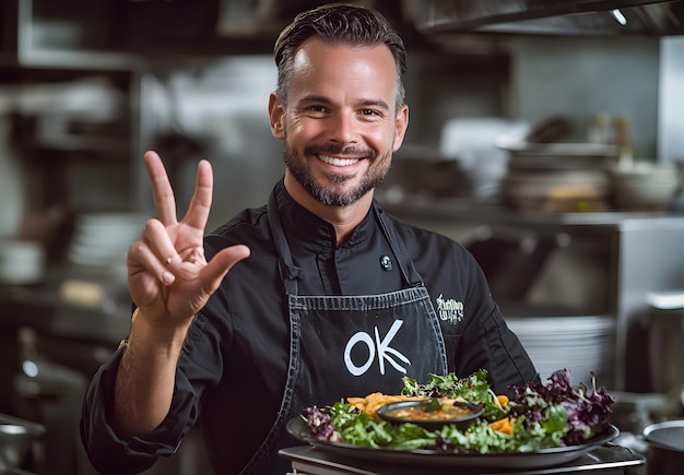 Photo a chef wearing a black apron with the word ok on it