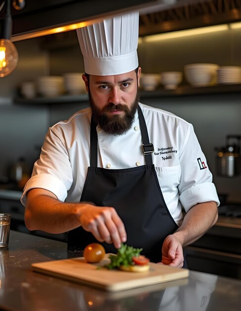 a chef wearing a chef hat is cutting a tomato