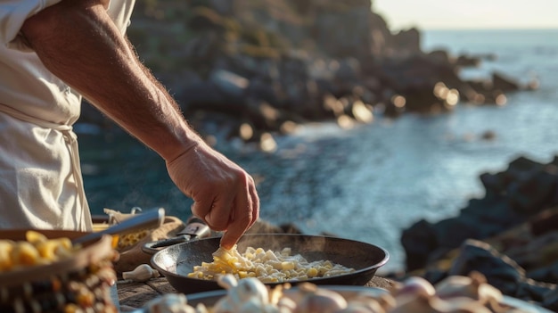 The chef wearing a white apron preparing pasta at sea view