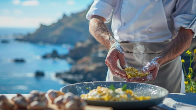 The chef wearing a white apron preparing pasta at sea view