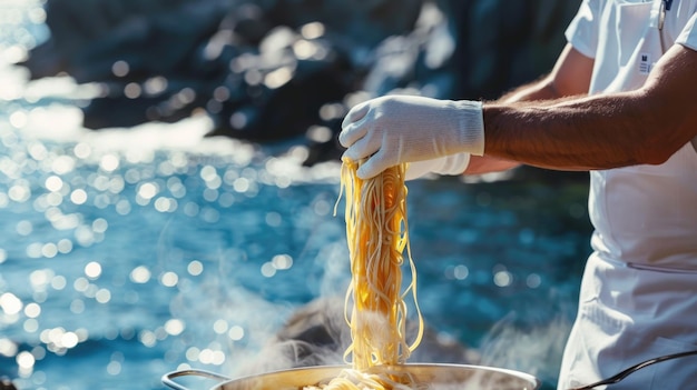 The chef wearing a white apron preparing pasta at sea view