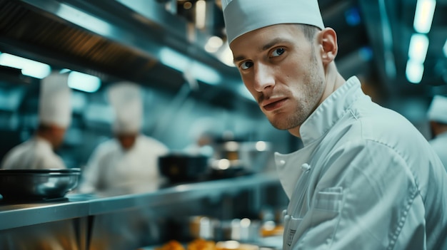 Photo a chef wearing a white jacket and hat intently prepares a dish in a bustling kitchen