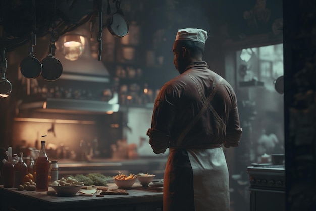 Chef in a white apron and hat standing kitchen generative ai