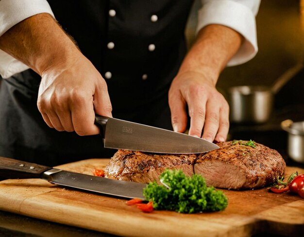 Photo a chef in a white jacket in a professional kitchen cuts a package of rosemary near the stove