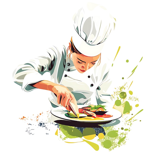 Photo chef in white uniform arranging dish with splashes of paint in the background